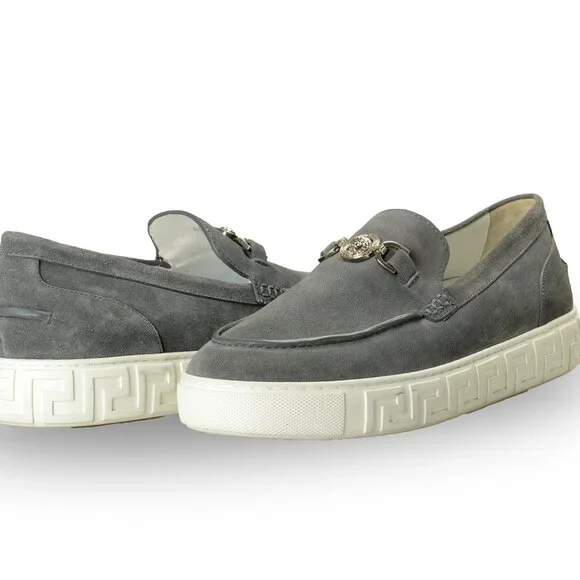 Versace Men's Suede Leather Silver Medusa Loafers Slip On Shoes US 7 IT 40